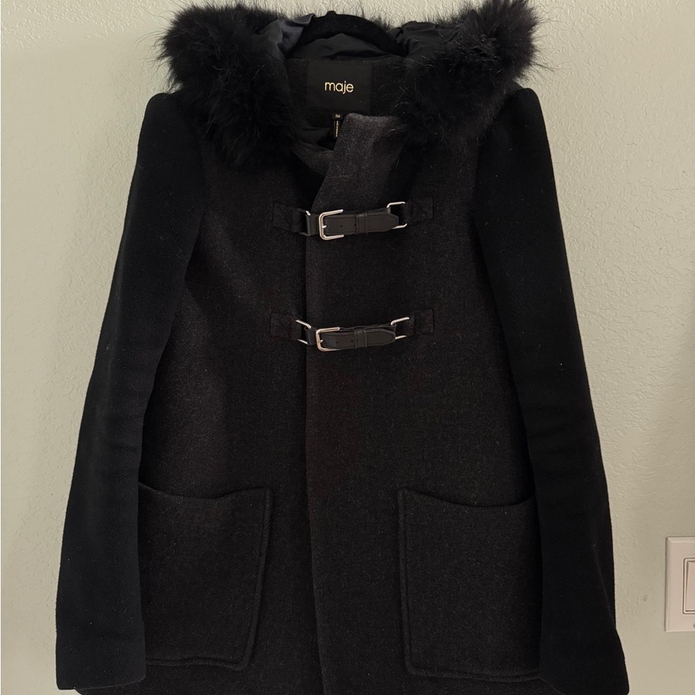 Maje Wool-Cashmere Toggle Coat w/ Fur Hood • Size 36 • Pre-Loved